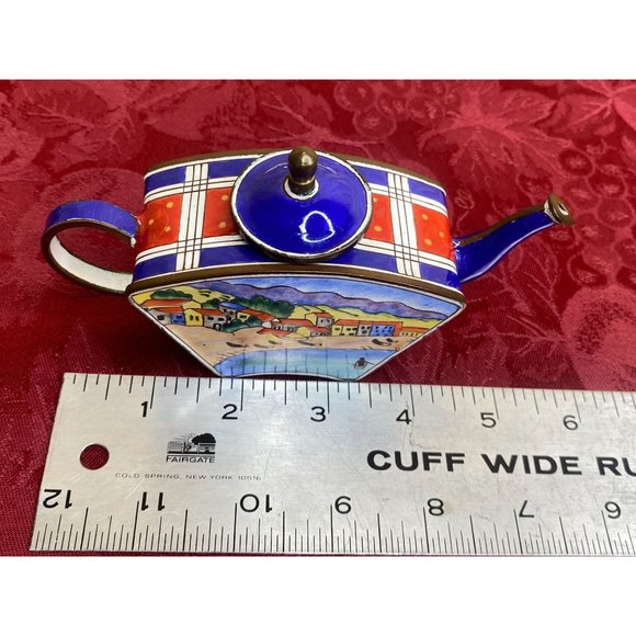 Vintage Kelvin Chen Miniature Teapot Beach Coastline Scene Blue Red Plaid Accent - Picture 5 of 7